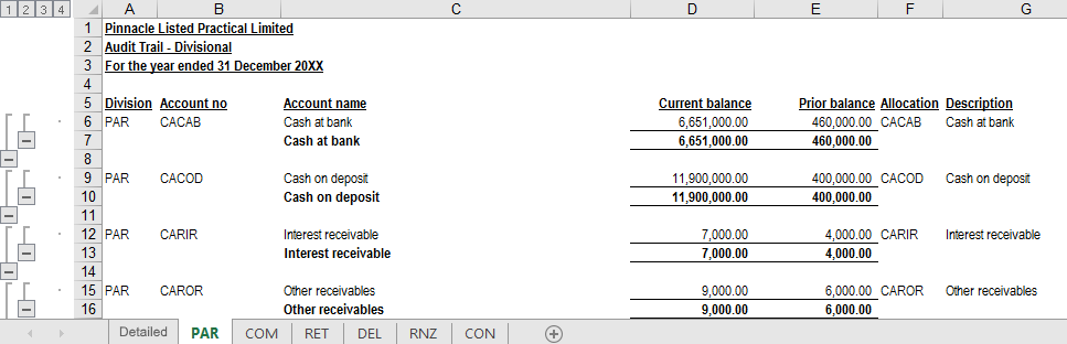 Image shows a screenshot of the Divisional audit trail excel.